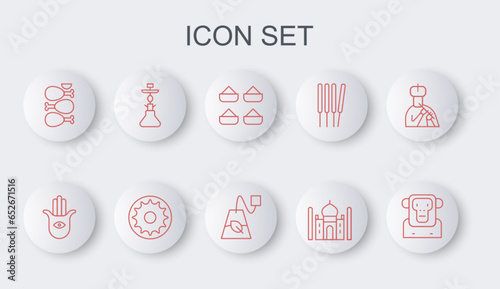Set line Monkey, Hamsa hand, Indian spice, Taj Mahal, Tandoori chicken, Hookah, Chakra and Tea bag icon. Vector