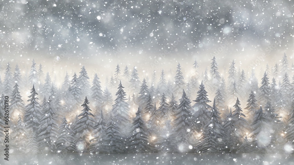Fototapeta premium snow snowfall abstract christmas white background, christmas tree decoration, copy space, white blizzard blurred background decoration new year in winter