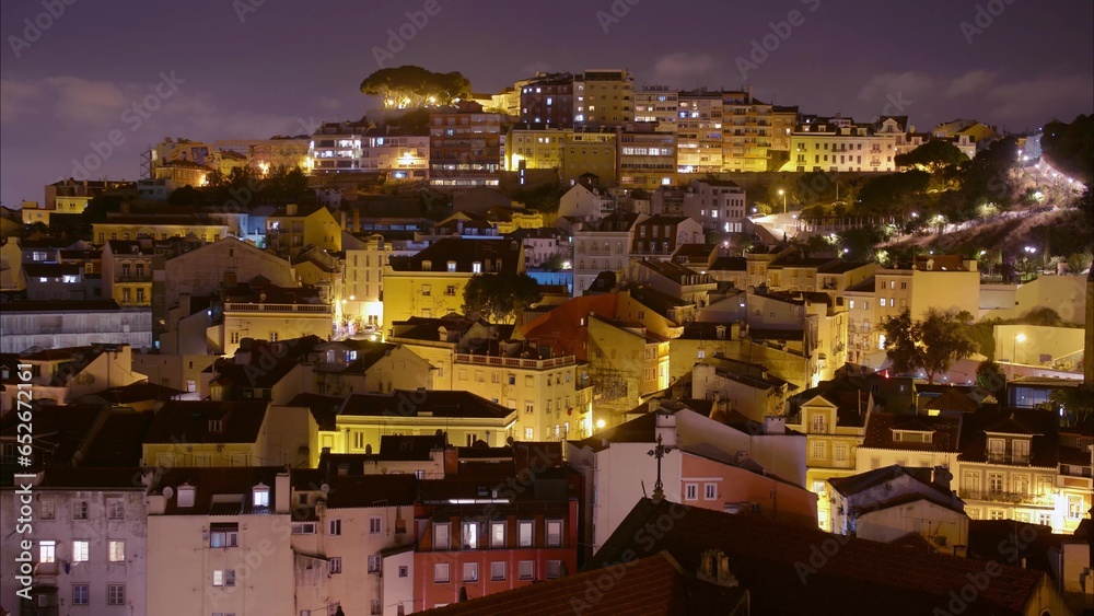 Lisbon Traditional Architecture Hills Cityscape at Night Time Lapse Portugal