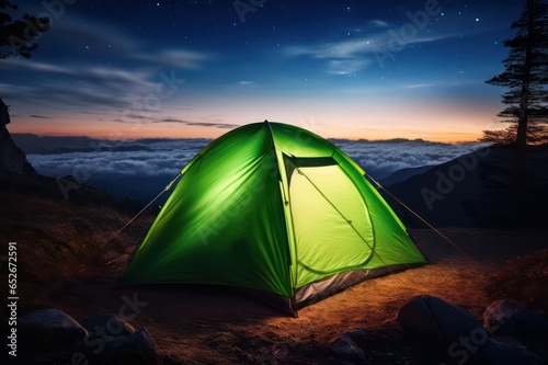 green camping tent in the mountains at sunrise view from above
