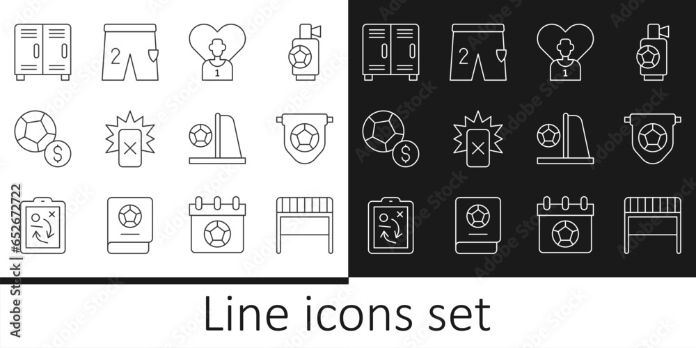 Set line Football goal, flag pennant, or soccer player, Red card football, Soccer, Locker changing room, with and Shorts for playing icon. Vector