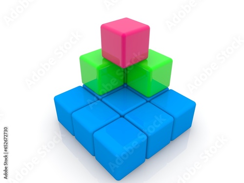 A three-level pyramid of colorful toy blocks without a stable center