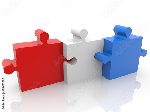 A white puzzle piece connected to a red and blue puzzle piece