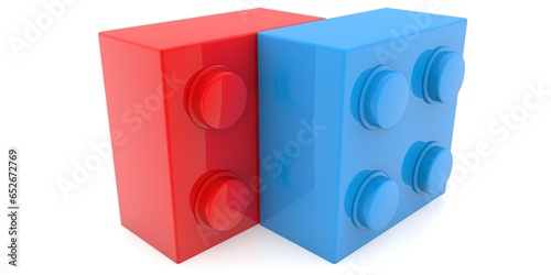 Red and blue toy bricks on white