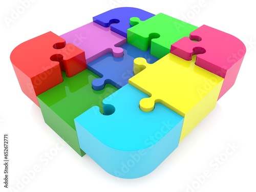 A four-color puzzle diagram with a prominent red puzzle piece