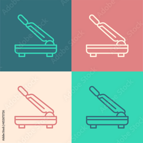 Pop art line Paper cutter icon isolated on color background. Vector