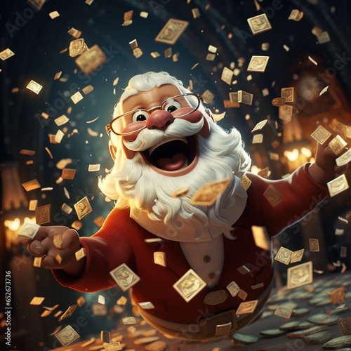Happy Santa Claus throws money in the air. 3D illustration. 