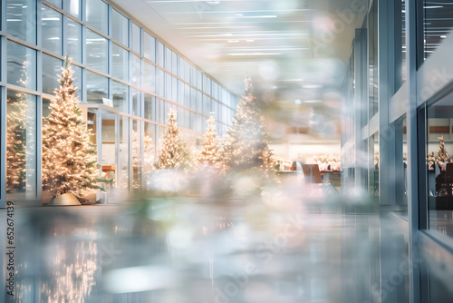 An abstract blurred office interior background at the reception center, transformed into a winter wonderland with Christmas decor. Showcase the joyful holiday atmosphere.