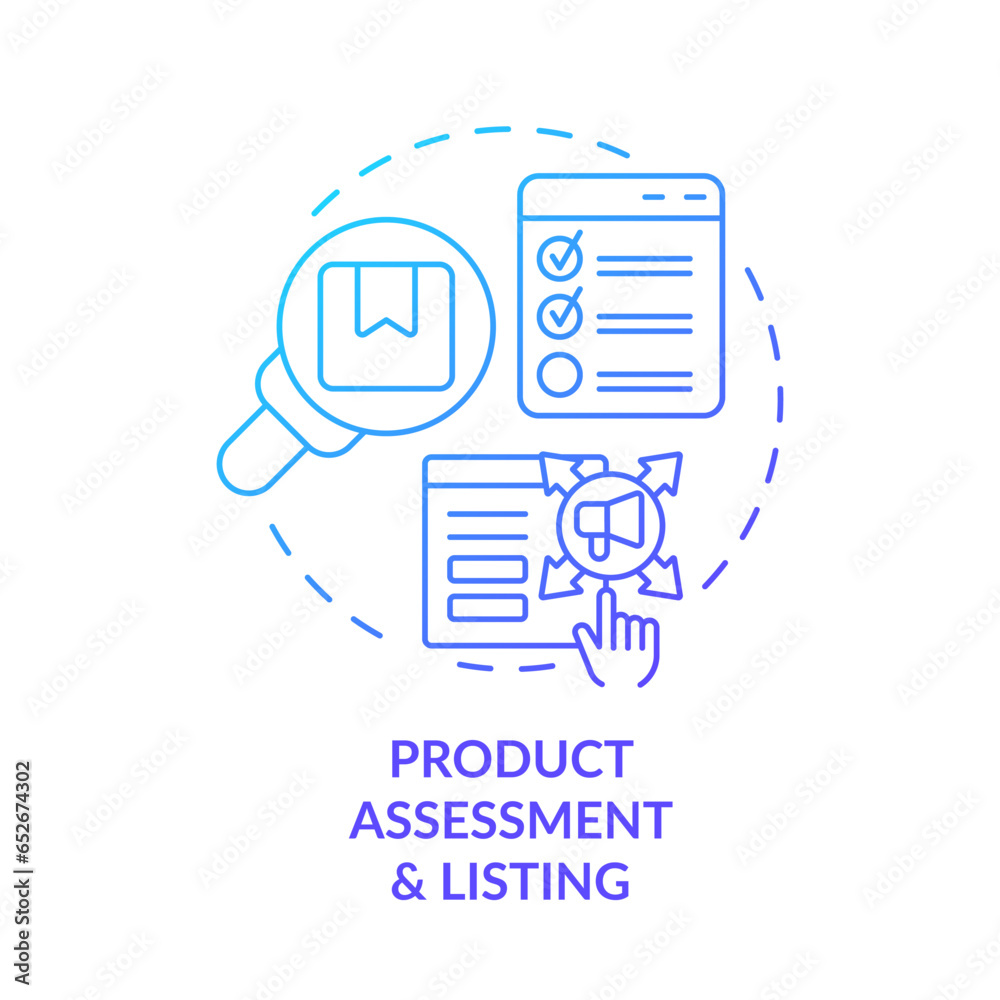 2D blue gradient icon product assessment and listing concept, simple isolated vector, C2C thin line illustration. 2D blue gradient icon product assessment and listing concept, simple isolated vector, C2C thin line illustration.