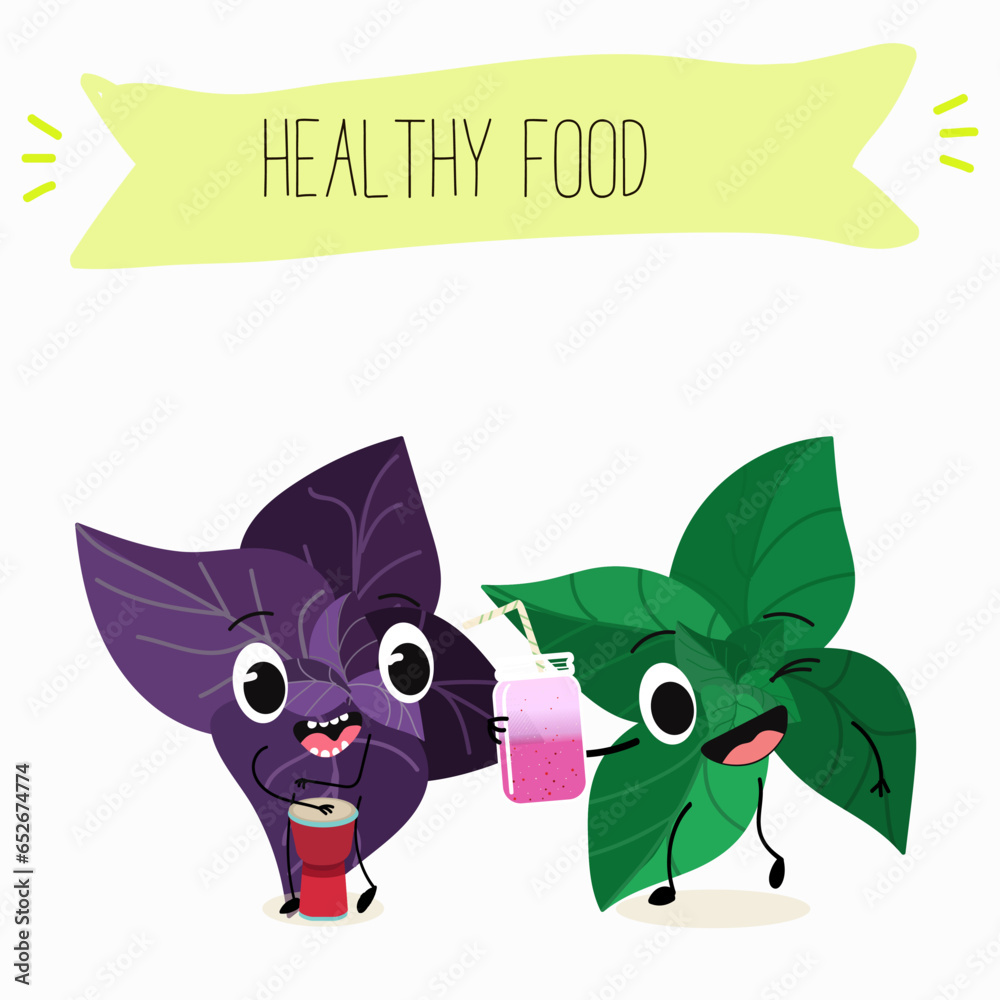 Vector cartoon character basil green and purple, funny characters. Farm fresh harvest, agricultural organic vegetables or vegetarian products, herbs, seasoning. Vector cartoon character basil green and purple, funny characters. Farm fresh harvest, agricultural organic vegetables or vegetarian products, herbs, seasoning.