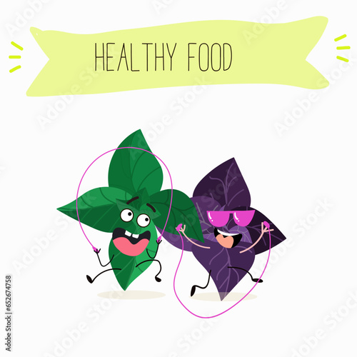 Vector cartoon character basil green and purple, funny characters. Farm fresh harvest, agricultural organic vegetables or vegetarian products, herbs, seasoning.