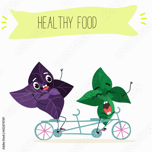Vector cartoon character basil green and purple, funny characters. Farm fresh harvest, agricultural organic vegetables or vegetarian products, herbs, seasoning.