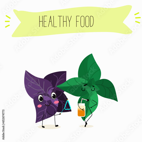 Vector cartoon character basil green and purple, funny characters. Farm fresh harvest, agricultural organic vegetables or vegetarian products, herbs, seasoning.