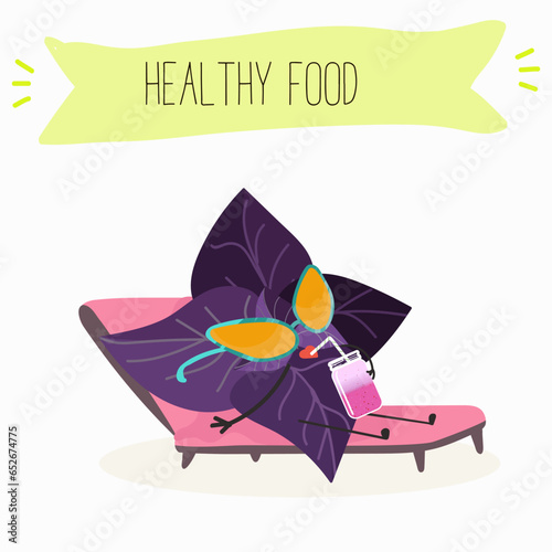 Vector cartoon character basil green and purple, funny characters. Farm fresh harvest, agricultural organic vegetables or vegetarian products, herbs, seasoning.