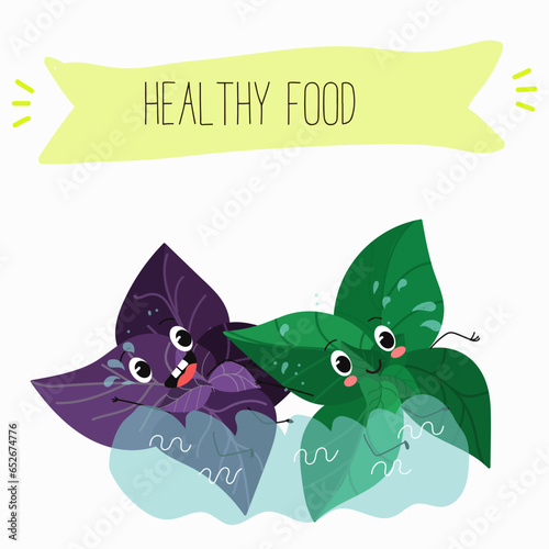 Vector cartoon character basil green and purple, funny characters. Farm fresh harvest, agricultural organic vegetables or vegetarian products, herbs, seasoning.