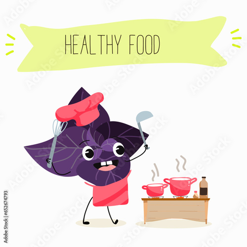 Vector cartoon character basil green and purple, funny characters. Farm fresh harvest, agricultural organic vegetables or vegetarian products, herbs, seasoning.