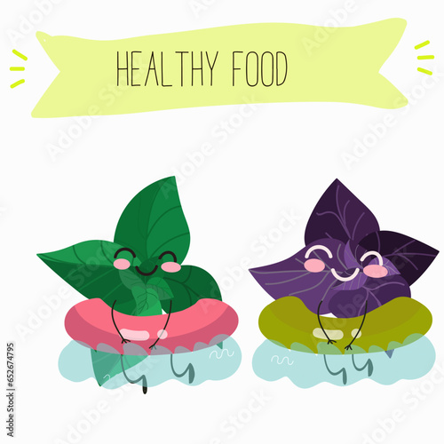 Vector cartoon character basil green and purple, funny characters. Farm fresh harvest, agricultural organic vegetables or vegetarian products, herbs, seasoning.
