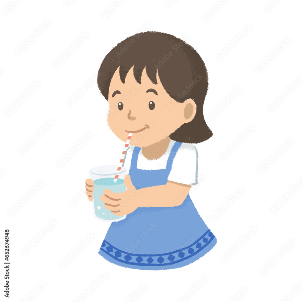 Girl drinking water hand drawn illustration