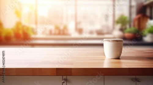 Wooden table top on blur kitchen room background.
