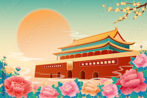 Beijing Tiananmen Square. Mid-Autumn Festival and National Day Chinese style illustration. 