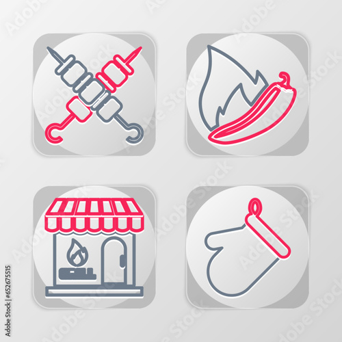 Set line Oven glove, Barbecue shopping building, Hot chili pepper pod and Grilled shish kebab icon. Vector