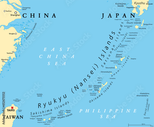 Ryukyu Islands, also known as Nansei Islands, political map. The Ryukyu Arc, a Japanese, mostly volcanic island chain stretching from Kyushu, Japan, to the westernmost Yonaguni Island, east of Taiwan. photo