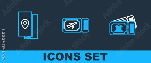 Set line Museum ticket, Cover book travel guide and Airline icon. Vector