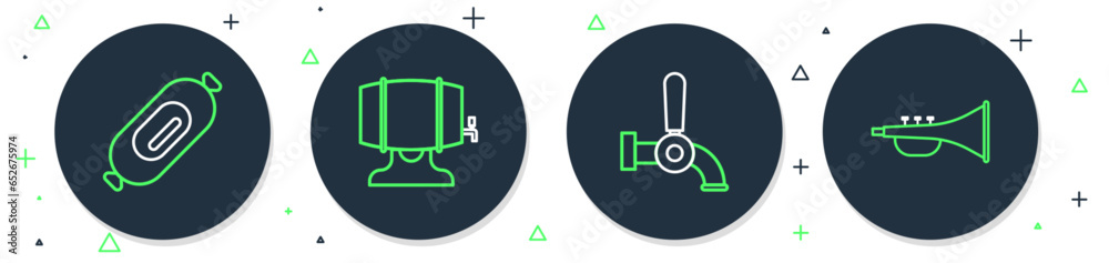 Set line Wooden barrel on rack, Beer tap, Salami sausage and Musical instrument trumpet icon. Vector Set line Wooden barrel on rack, Beer tap, Salami sausage and Musical instrument trumpet icon. Vector