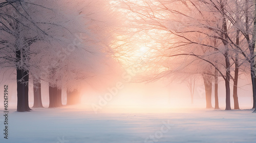 winter landscape  view of the alley in the park in the morning fog at sunrise in the rays of the sun and blue  abstract winter nature background