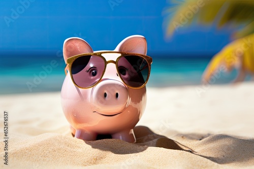 smiling piggy bank with sunglasses relax on the beach © krissikunterbunt