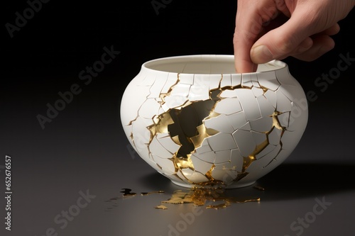 hands doing kintsugi pottery closeup. Japanese art of repairing decorating ceramics with gold, concept of highlighting or emphasizing imperfections. photo