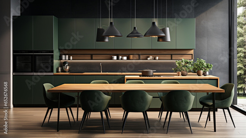 A wooden tabletop rests against the backdrop of a modern and contemporary green kitchen room. The scene merges natural warmth with sleek design, creating an abstract composition th