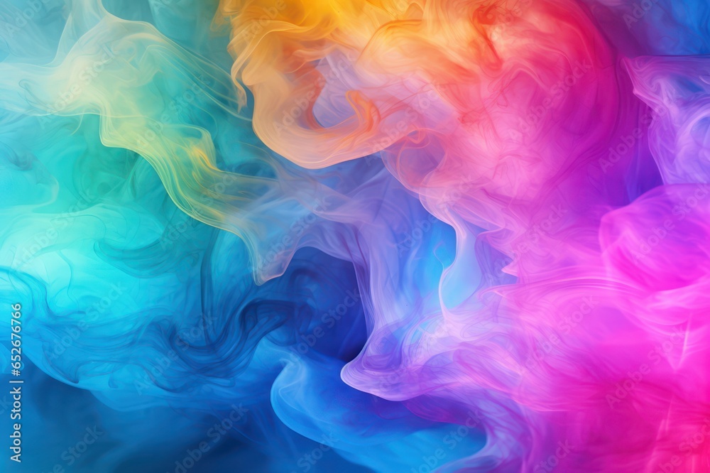 rainbow smoke background. Multicolored texture of steam on turquoise backdrop. 