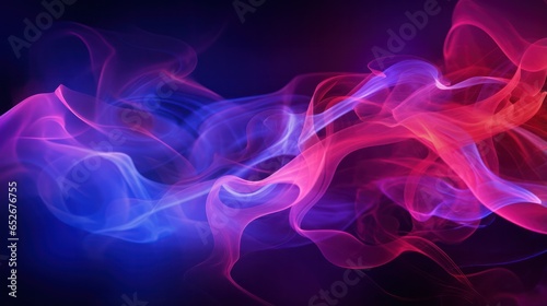 multicolored neon pink, purple and blue smoke background. Backlit smoke texture on black horizontal banner with copy space.
