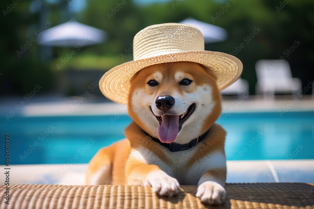 happy cute shiba inu dog in straw hat smiling near pool in summer. Travel agency ad.