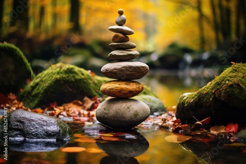 Rock balancing. Zen stones in water creek in autumn forest with moss around. Stone balance. Mindfulness practice. Cairn building, Rock Stacking. Peace of mind and soul.