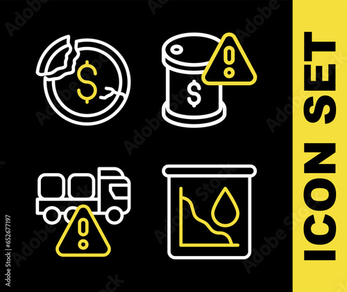 Set line Drop in crude oil price, Stop delivery cargo truck and Dollar rate decrease icon. Vector