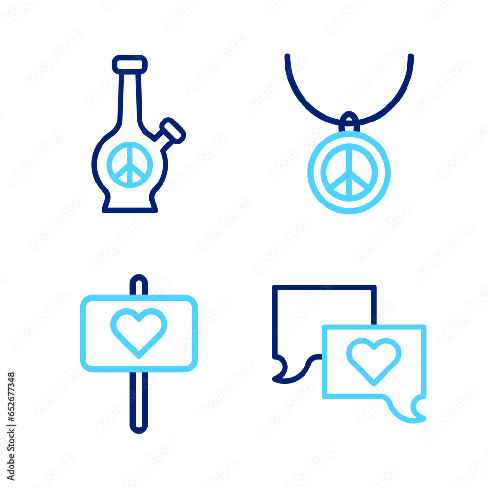 Set line Speech bubble chat, Peace, Necklace with peace symbol and Bong icon. Vector Set line Speech bubble chat, Peace, Necklace with peace symbol and Bong icon. Vector