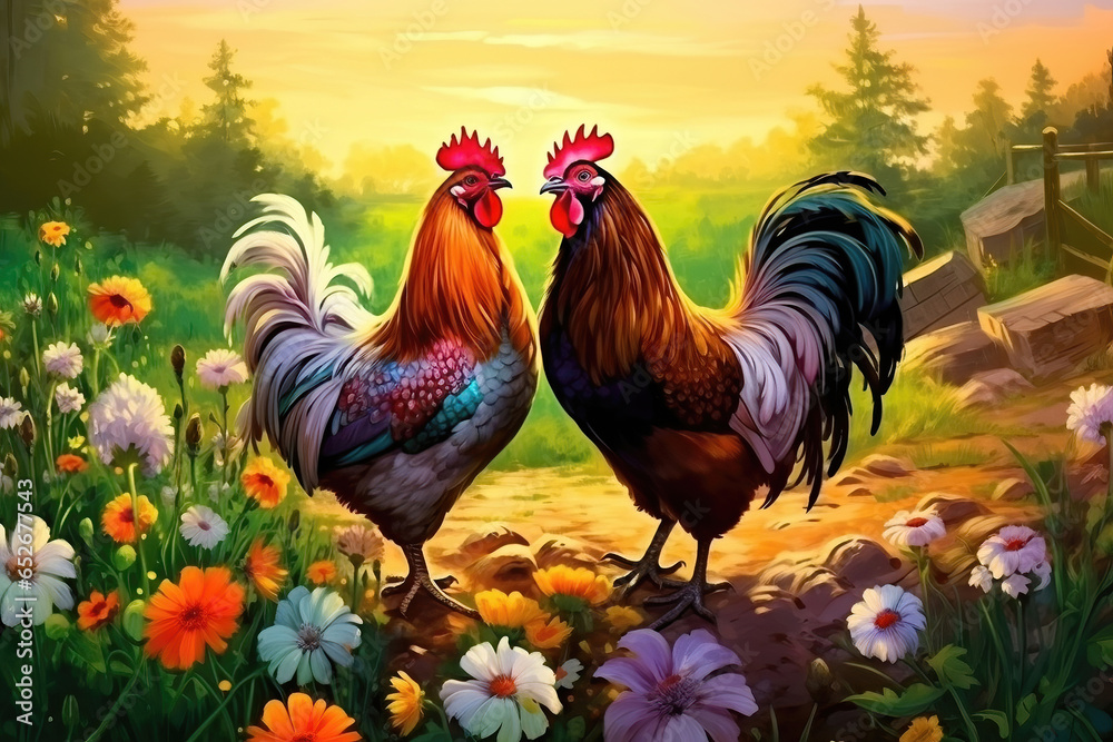 Two colorful rooster on a meadow in summer, generated by AI