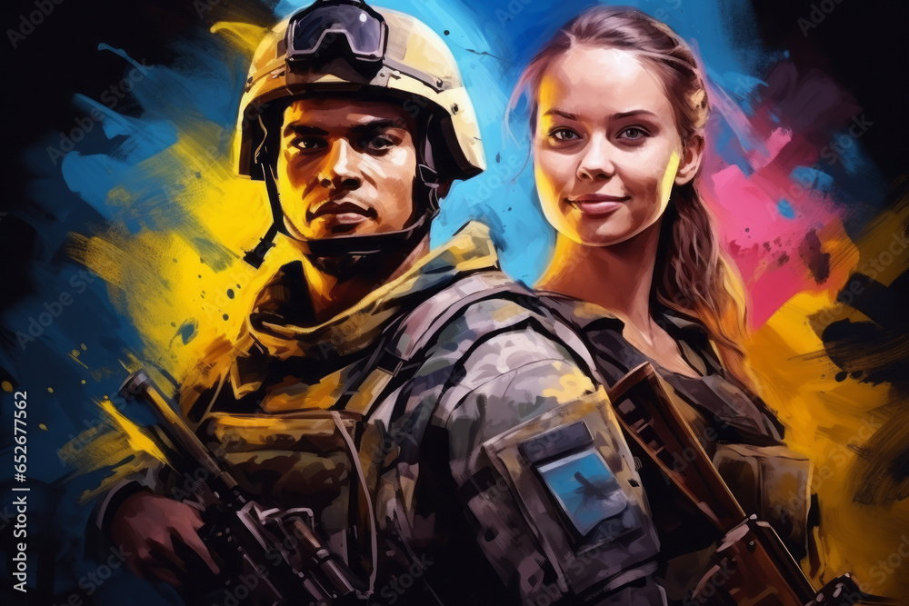 Fototapeta premium illustration of Ukrainian soldier and beautiful Ukrainian girl, Ukraine war