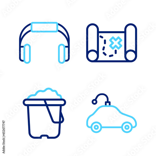 Set line Radio controlled car toy, Sand in bucket, Pirate treasure map and Headphones icon. Vector