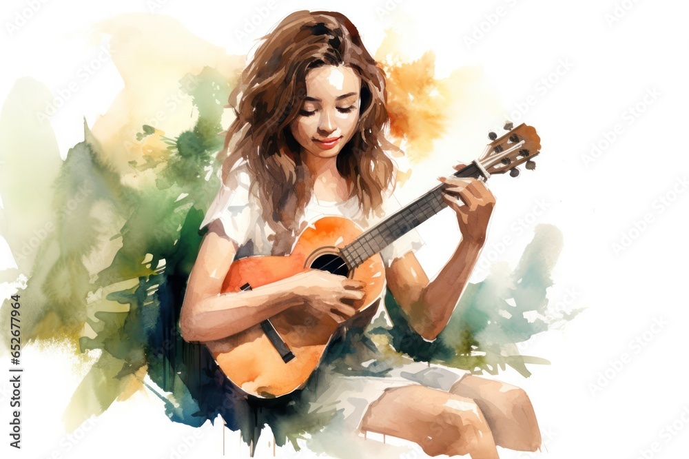 woman playing guitar watercolor illustration. Music lessons studio or teacher ad or card.