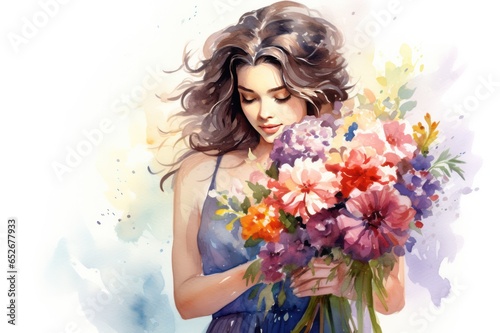 Fototapeta Naklejka Na Ścianę i Meble -  cute girl with flowers bouquet watercolor illustration. St Valentines day card. Florist ad.