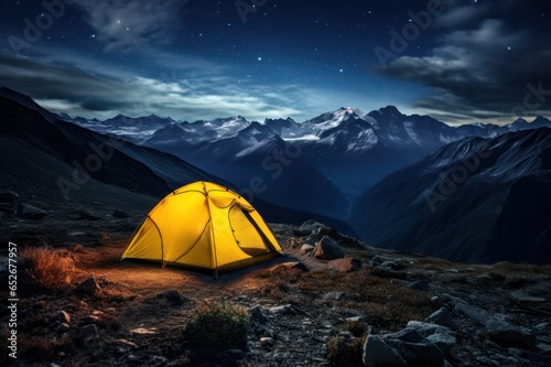 yellow camping tent in the mountains at night under stars wide view from above