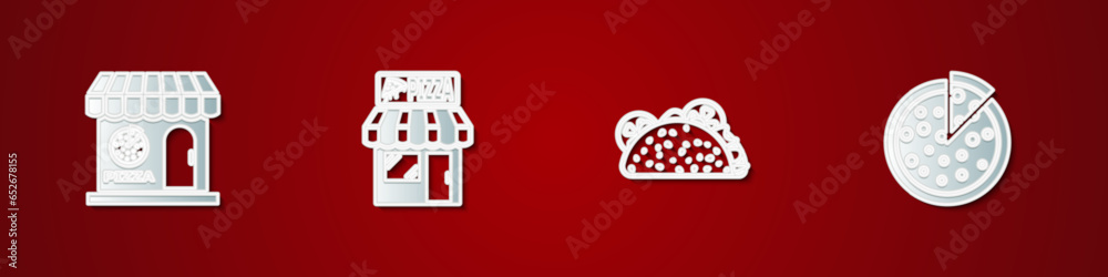 Set Pizzeria building facade, , Taco with tortilla and Pizza icon. Vector Set Pizzeria building facade, , Taco with tortilla and Pizza icon. Vector