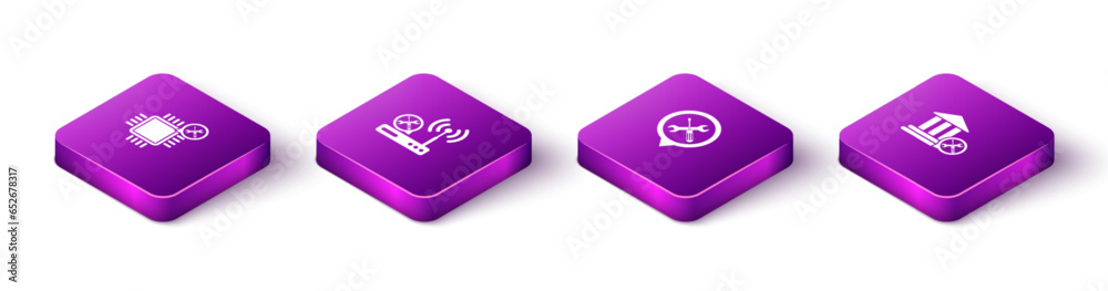 Set Isometric Processor service, Router wi-fi, Location and Bank building icon. Vector Set Isometric Processor service, Router wi-fi, Location and Bank building icon. Vector