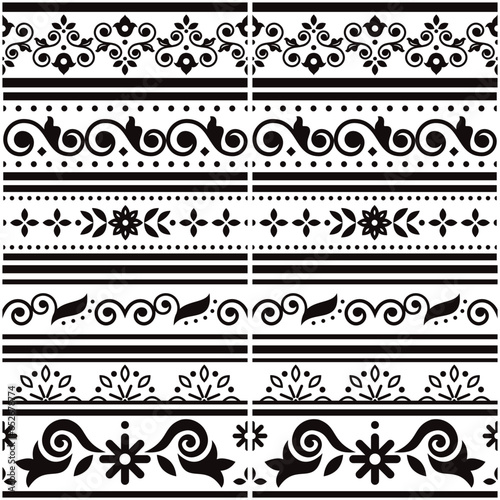 Lisbon style Azulejo tile seamless vector border or fram pattern collection, retro design set inspired by art from Portugal with floral and geometric motif in black and white