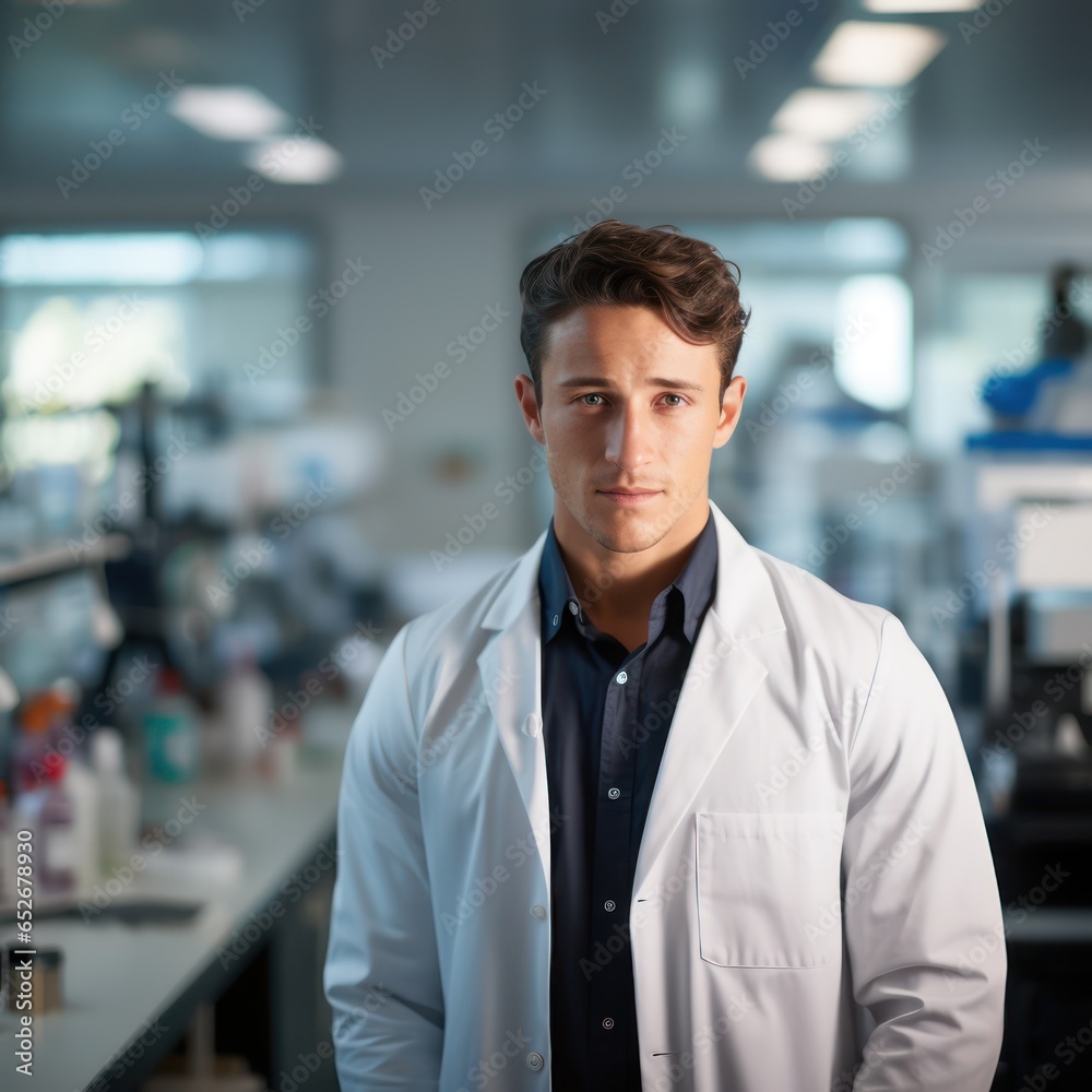 Obraz premium Young Scientist, researcher, technician or student wear glasses and blue rubber gloves while standing with crossed arms and looking away by Confident in a modern laboratory. Education