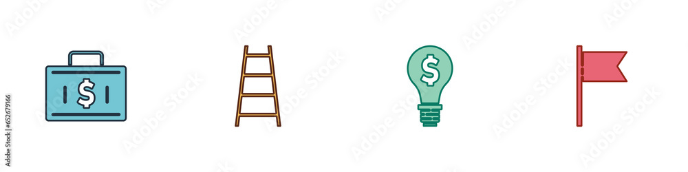 Set Briefcase and money, Stair with finish flag, Light bulb dollar and Location marker icon. Vector Set Briefcase and money, Stair with finish flag, Light bulb dollar and Location marker icon. Vector