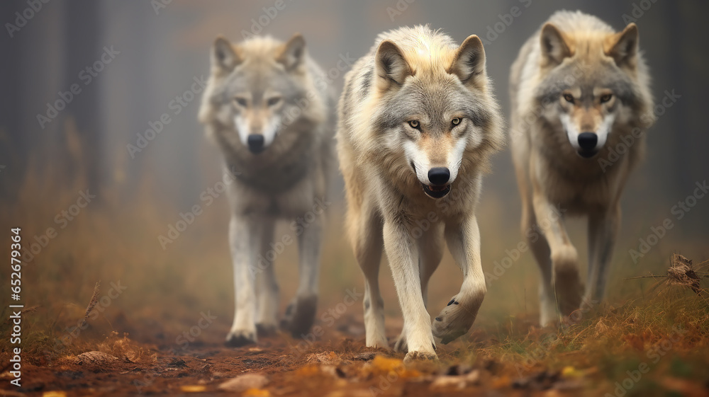 a pack of wolves in the autumn forest , frontal view of wildlife, predators hunting, fear of the attack of wild animals